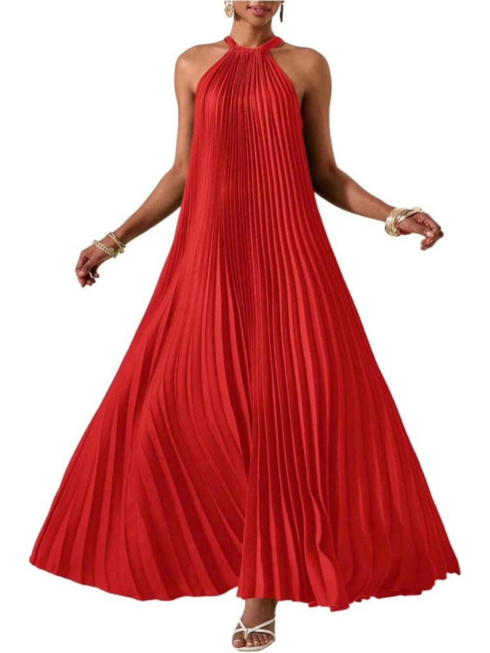 〽️Red Halter Maxi Dress Women's Pleated A Line Flowy Summer Party Dress